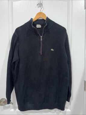Lacoste Men's Black Quarter-Zip Knit Sweater with Green Croc Logo size large (5)